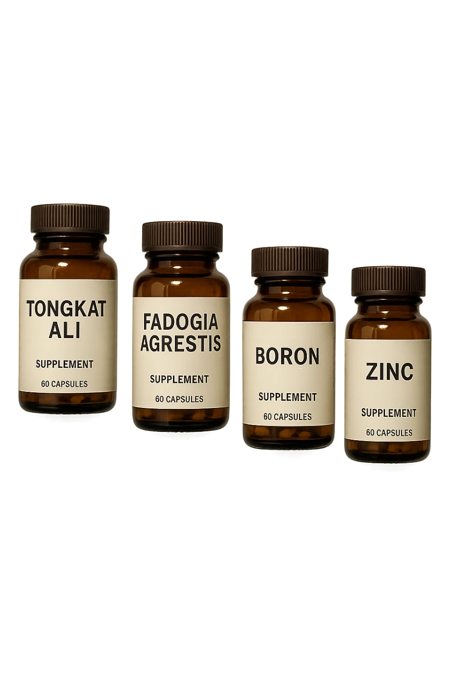 4 boccette di integratore: Tongkat Ali, Fadogia Agrestis, Boron e Zinco fluttuano in aria verticalmente sticker