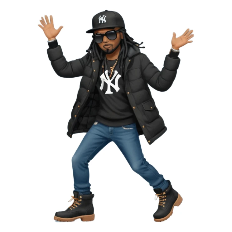 African American man with shoulder length black dreadlocks and black sunglasses wearing a black New York Yankees baseball hat wearing a black bubble winter coat with denim skinny jeans and timberland boots dancing sticker