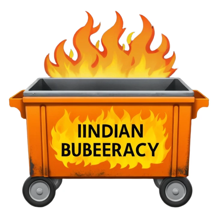Flaming dumpster fire with the words "Indian bureaucracy" on the dumpster.  sticker