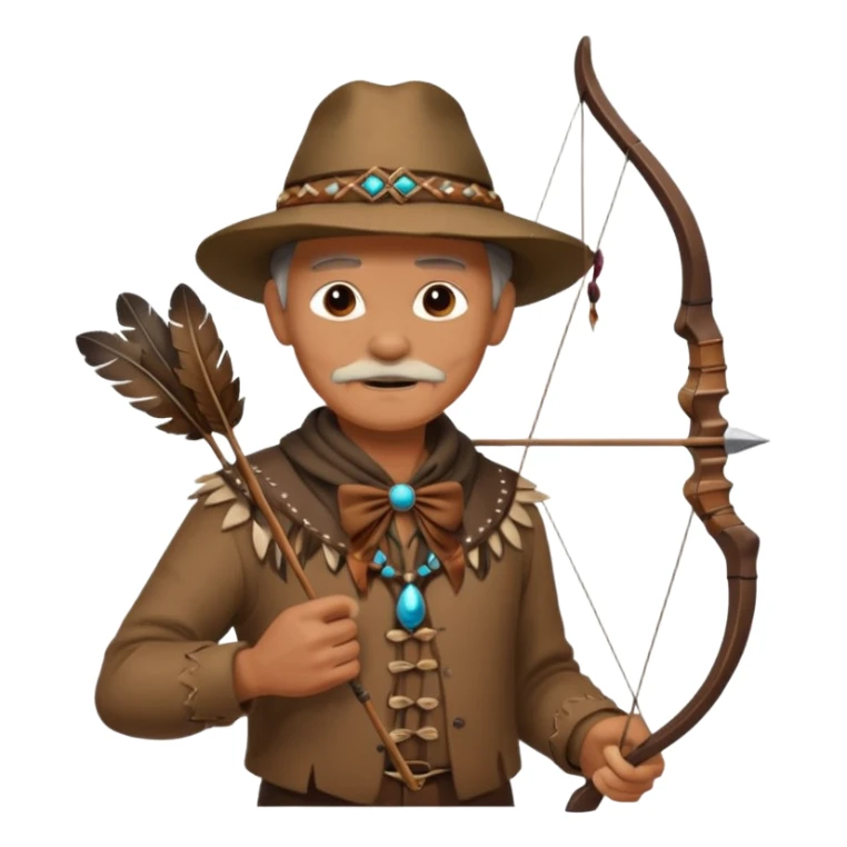 The classic image of a middle-aged uncle hunter carrying a bow, dressed in brown clothes, with some ornaments made of feathers, bones or teeth on his body. sticker