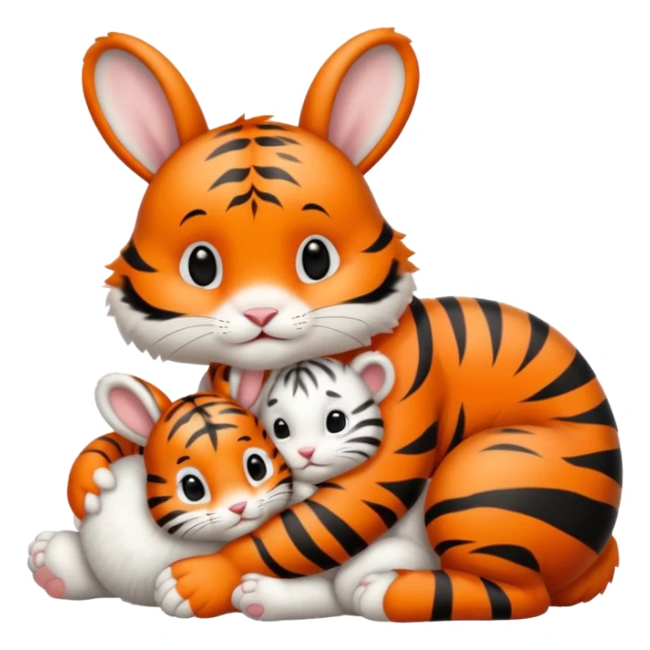 White baby bunny cuddling next to baby tiger sticker