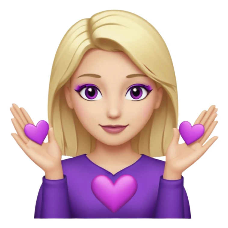 twitch emote, kinda chibi style. blonde hair: long, straight, no bangs. gray eyes. an eyebrow with a slit. purple eyeshadow/eyeliner with gold eyeshadow. only face and arms, hands visible. happy, holding a purple heart. white background. sticker