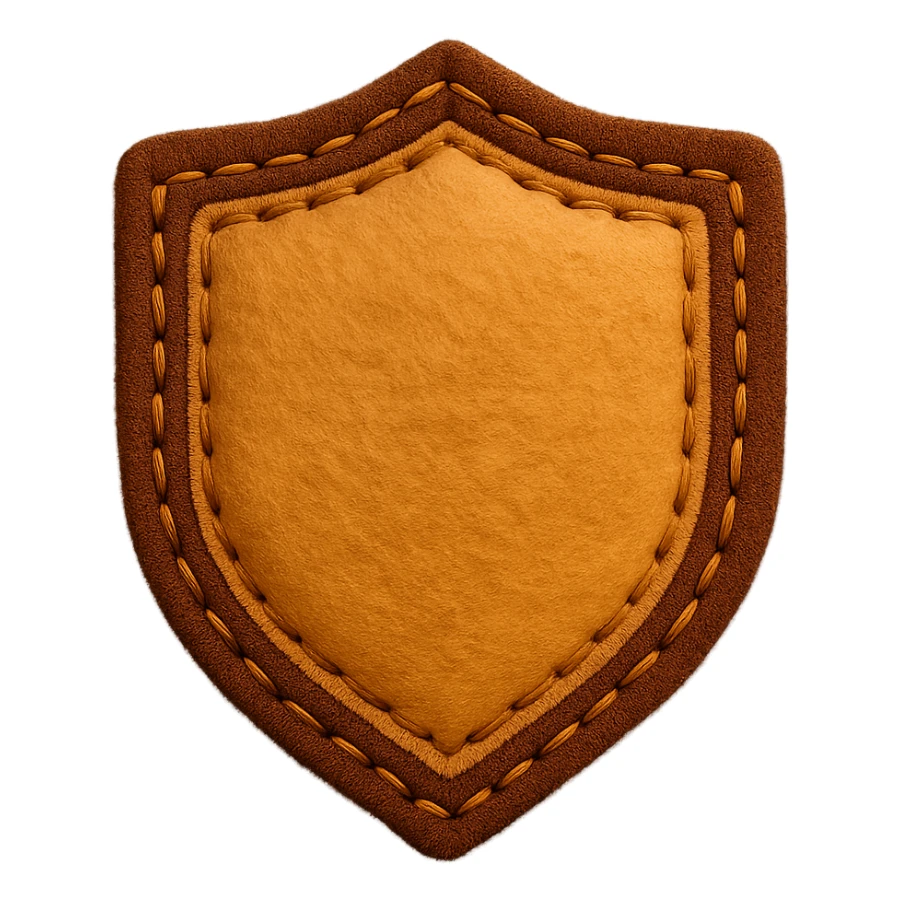 <StylePrompt>
  <Name>Felt Appliqué Plush Style</Name>
  <Description>A soft, handcrafted look inspired by plush felt fabric with visible stitching and a padded 3D texture, rendered on a solid black background.</Description>
  <VisualProperties>
    <Material>Felt</Material>
    <Texture>Soft, fuzzy, with slight fiber detail</Texture>
    <Stitching>
      <Type>Thick thread</Type>
      <Color>Orange or slightly darker tone than fabric</Color>
      <Pattern>Uniform running stitch along outer edge</Pattern>
    </Stitching>
    <Padding>High, plush-like 3D depth</Padding>
    <Edges>Rounded corners</Edges>
    <ColorPalette>
      <Primary>Warm yellow/orange tones</Primary>
      <Accent>Brown or dark orange for facial features and outline</Accent>
      <Background>Black</Background>
    </ColorPalette>
  </VisualProperties>
  <Rendering>
    <Lighting>Soft, even studio lighting</Lighting>
    <Shadows>Subtle drop shadows for depth</Shadows>
    <Perspective>Flat front-facing, symmetrical if applicable</Perspective>
  </Rendering>
  <Applicability>
    <SubjectType>Any object, animal, or letterform</SubjectType>
    <OutputFormat>Icon, emoji, patch-style graphic</OutputFormat>
  </Applicability>
</StylePrompt>

{subject} = shield sticker