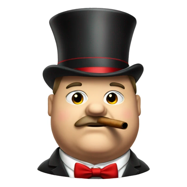 Really fat man smoking a cigar, wearing a tophat and fancy suit with red bowtie sticker