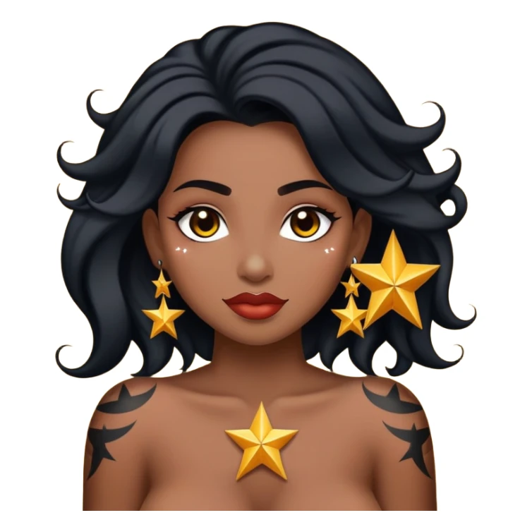 quero uma imagem de uma garota com cabelos longos e cacheados, em uma coloração escura. pele morena, mas não tanto, piercing no septo, boca um pouco carnuda, sobrancelhas um pouco finas, uma roupa preta e uma tatuagem de estrela no ombro  sticker
