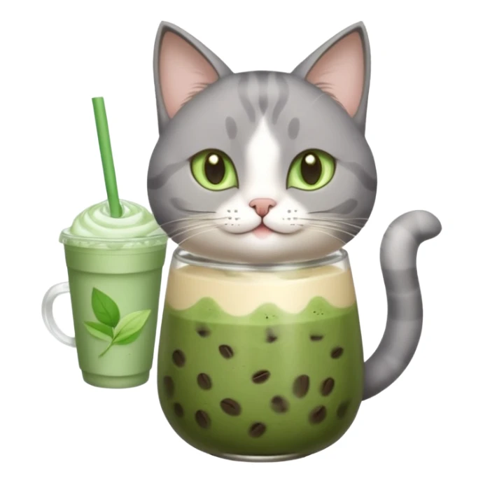 Happy gray Cat holding in its front two paws an iced matcha latte sticker