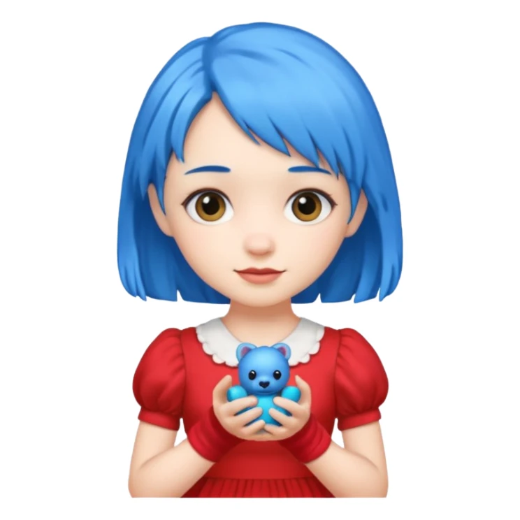 blue haired red wearing girl with small toy sticker