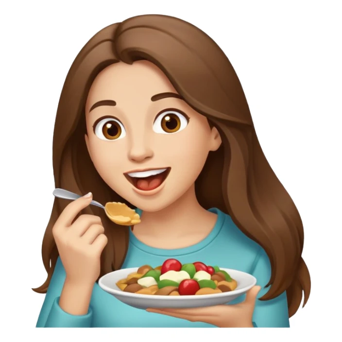 excited woman with long brown hair eating sticker