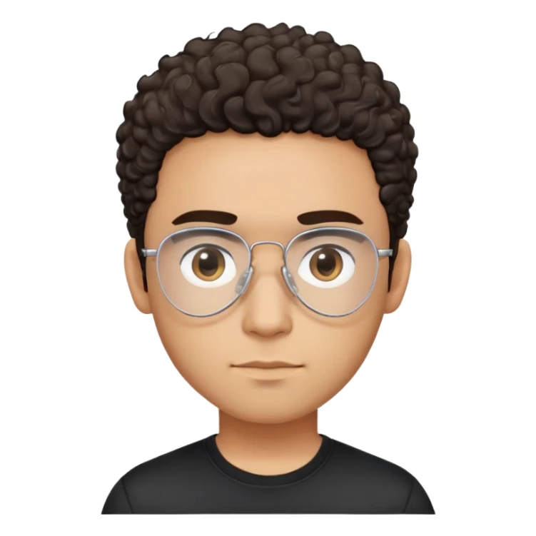 Latino man with light brown complexion, small face and prominent forehead, clear lens teardrop-shaped aviator eyeglasses with metal frame, totally shaved sides with very minimal dark curly hair only on top, gentle expression, simple black t-shirt sticker