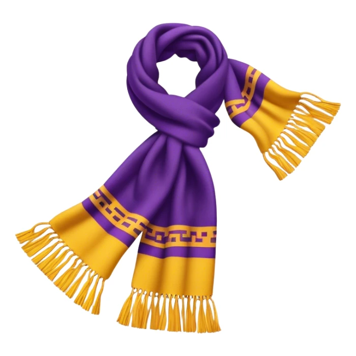 A standalone scarf with a bold purple and yellow pattern, cozy wool texture, fringed edges — no face, no background, just the scarf. sticker