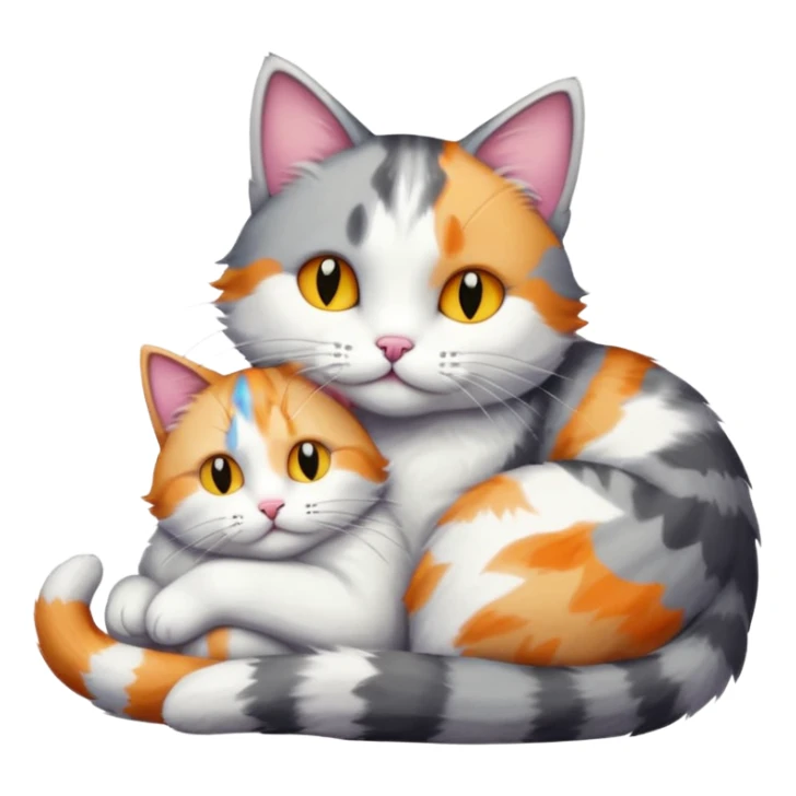 big grey and white cat cuddling a colourful light patched calico + white tabby cat sticker