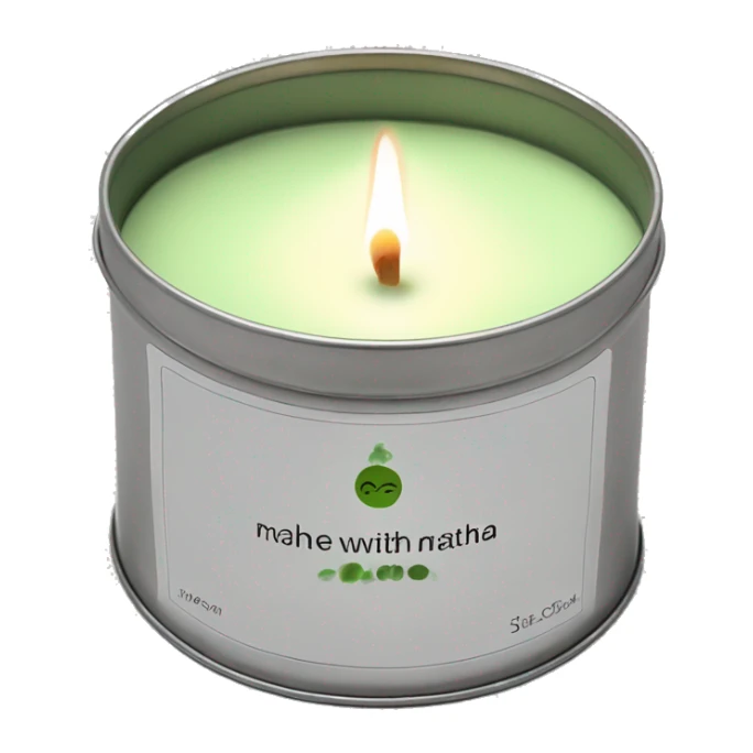 realistic short lit matcha candle, silver tin, small plain white label with black text sticker