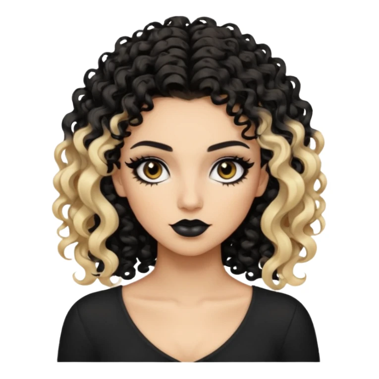 split dye leftside blonde rightside black-brown curly hair, baddie, pretty makeup, black eyeliner, long and curly hair sticker