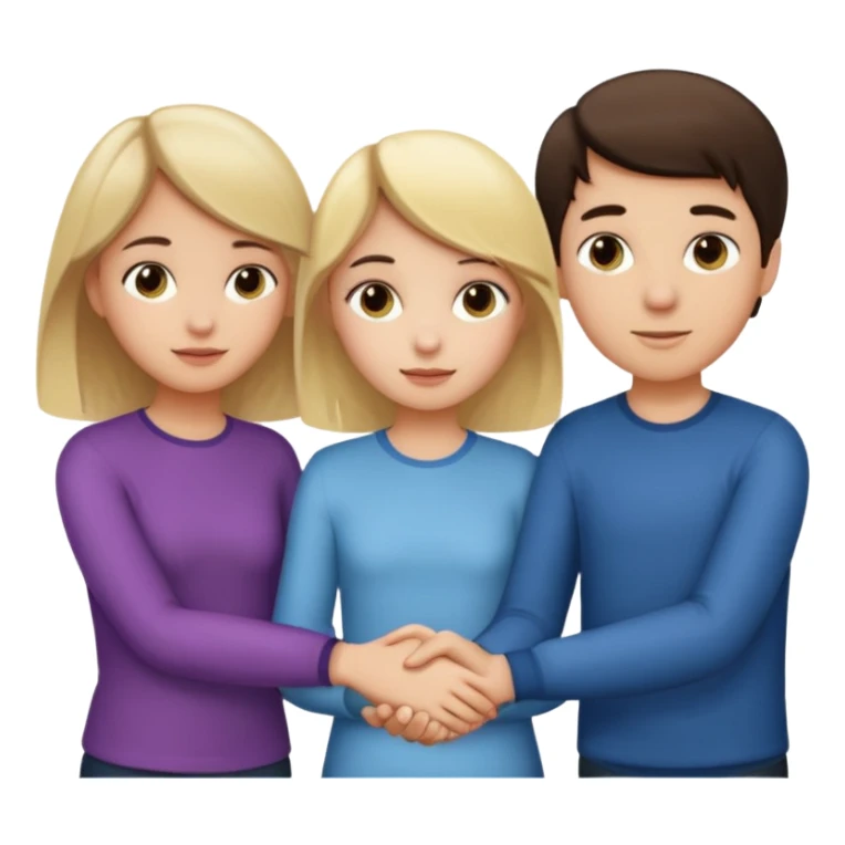  iOS emoji style.
A girl holding hands with two boys at the same time,one boy si brunette the other blonde, one on each side. the brunette one is kised by the girl but the blonde one si holding hand with her
The girl has a suspicious, guilty expression
 smooth gradients, rounded shape sticker