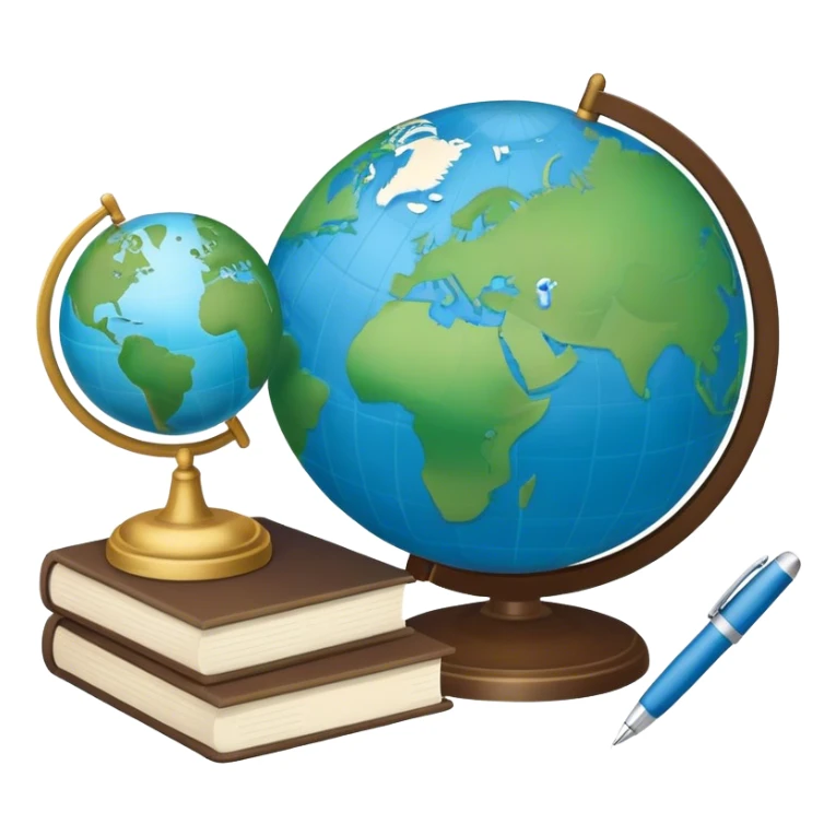 Create an emoji representing language translation. The design should feature a globe in the background, symbolizing international communication. In front of the globe, place two books or sheets of paper with texs on them and a pen nearby to indicate the act of writing. Use a clean and professional color palette with blues, greens, and neutral tones. Make the background transparent. sticker