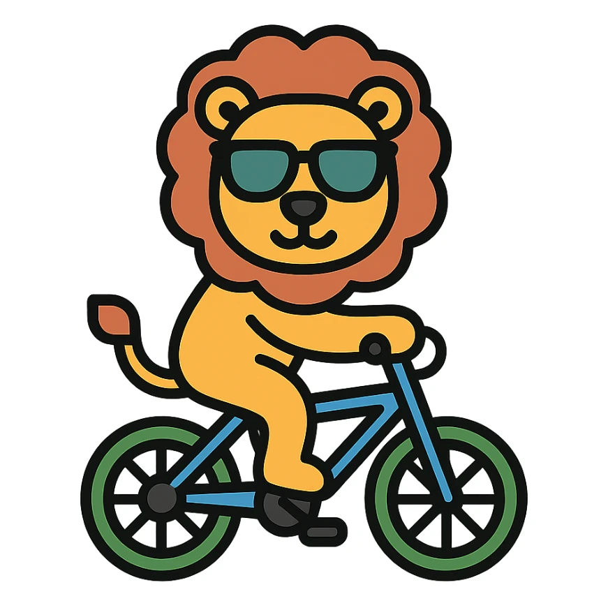 lion wearing sunglasses riding a bicycle, colored icon sticker