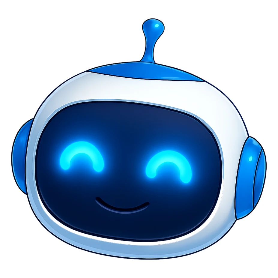 Robot head only, matching the style and colors of the reference robot (blue and white), head with normal shine, eyes extremely bright and glowing, cute and friendly expression, no background, in the style of the reference robot. sticker