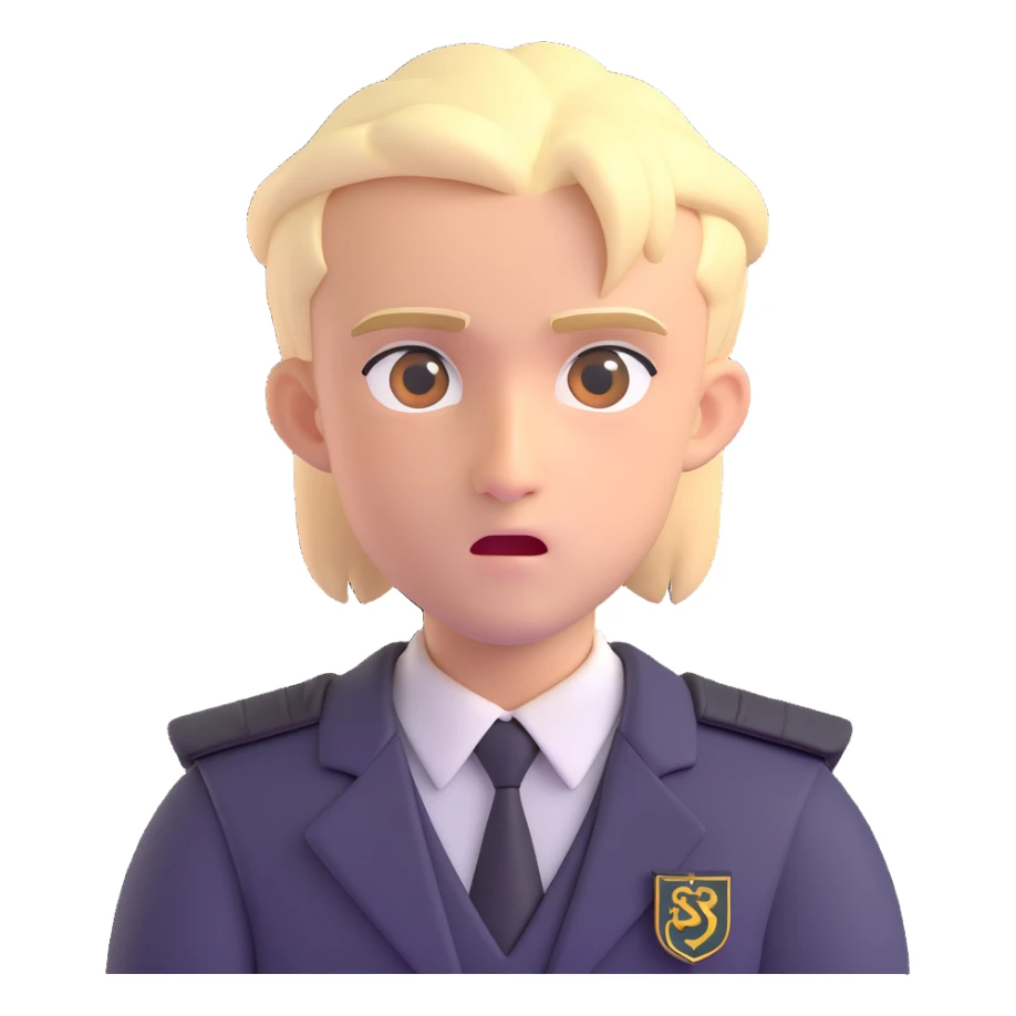 Draco Malfoy face, pale blond hair, sharp features, sly expression, school uniform, Harry Potter inspired, 3D emoji style sticker