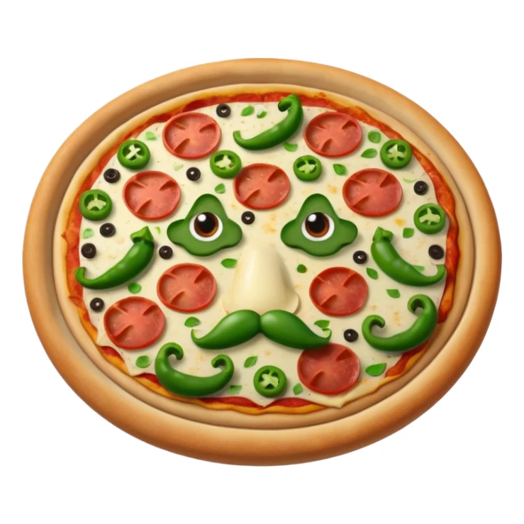 a  whole pizza with pepperonis from eyes and mushroom from the nose and green bell pepper from the mouth and mustache sticker