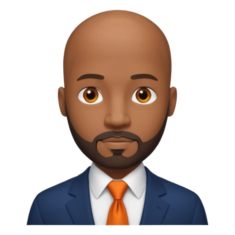 headshot of a sophisticated, stylish, bald head Caribbean black man with a beard and goatee in a navy blue suite, white shirt and dark orange tie sticker