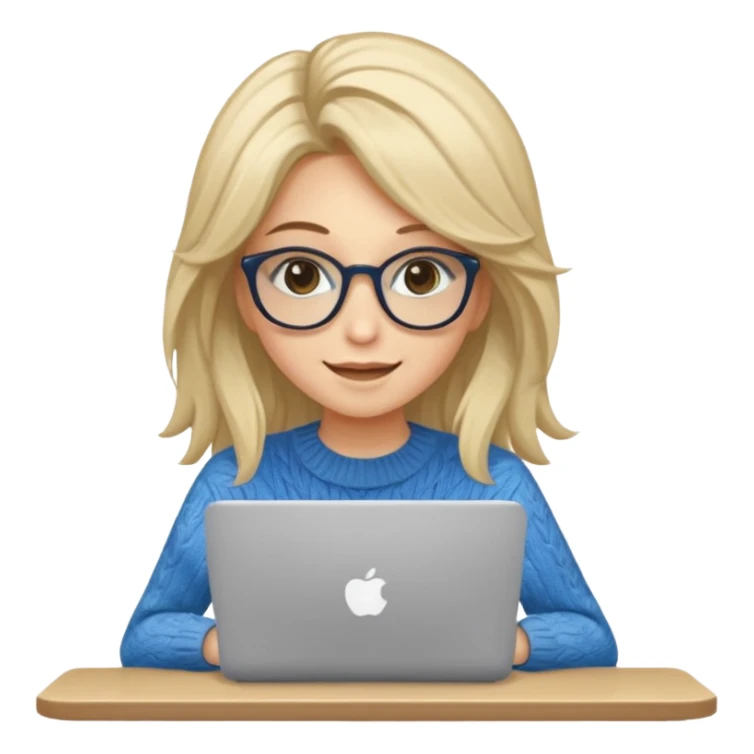 ragazza bionda sorridente con capelli lunghissimi, con occhiali tartarugati, occhi azzurri, con maglione beige, seduta alla scrivania che lavora al pc sticker