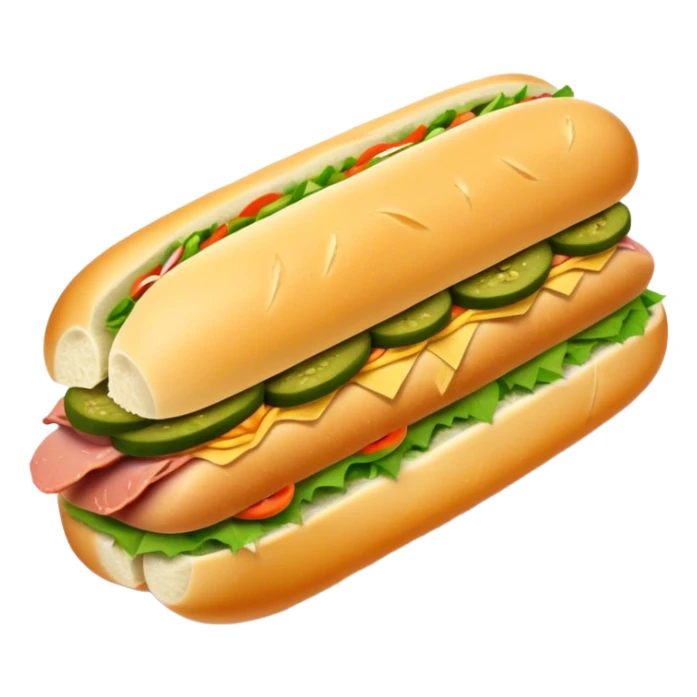 Cinematic Realistic B√°nh m√¨ Sandwich Dish Emoji, showcasing a crusty baguette filled with savory meats, pickles, and fresh herbs rendered with dynamic detail and appetizing lighting. sticker