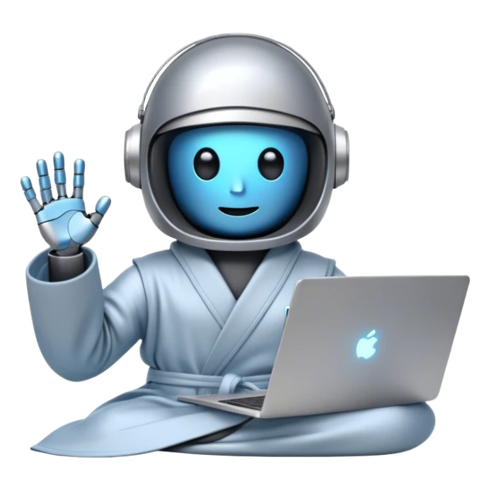 Emoji of a remote-working robot in a cozy bathrobe with a laptop. The robot has a sleek helmet-like head with glowing digital eyes. Relaxed yet high-tech vibe. sticker