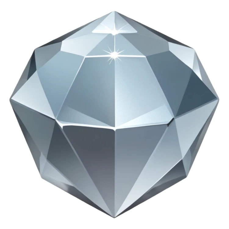 A faceted diamond emoji made of silver chrome, smooth reflective surfaces, soft metallic shine, minimalistic and clean design, iOS emoji style, centered on white background, soft studio lighting sticker