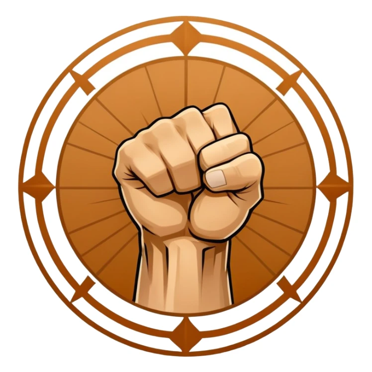 An emblem symbolizing striking martial arts, featuring a clenched fist in the center surrounded by dynamic lines representing speed and power. The background includes subtle elements of a combat ring and traditional martial arts symbols. Transparent background. sticker