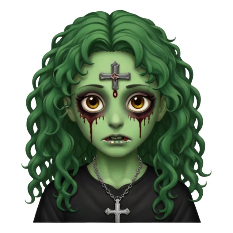 Zumbi verde com olhos castanhos aspecto de que tá sangrando, com cabelo castanho cacheado longo um piercing do lado esquerdo do nariz, roupa preta e crucifixo como colar, e também delineador  sticker