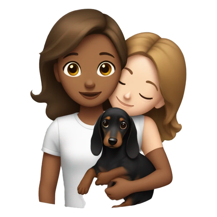 Girl with brown hair snuggling a black and brown dachshund sticker