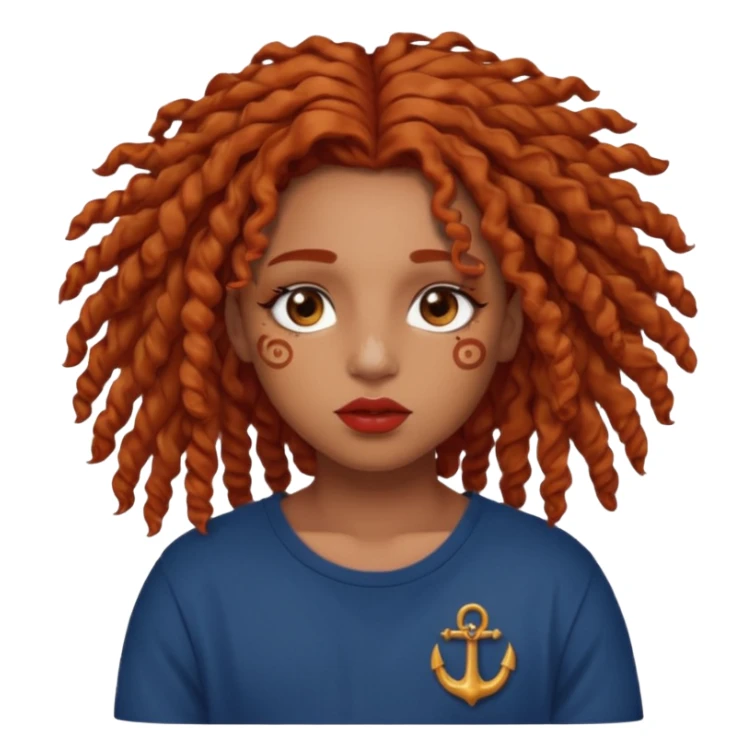 Caramel brown skin, curly locs that are half dyed ginger red at the end, brown eyes, a little bit of acne on my cheeks, Greek lips, cancer + Scropio eye shape mixed, medium sized chest, and I like the style Cutecore  sticker