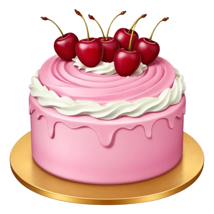 Round pink frosted cake with textured buttercream sides, placed on a gold cake board.
White whipped cream swirls on top, each topped with glossy red cherries with stems, clean studio lighting, isolated background, realistic minimal smooth emoji-style. sticker