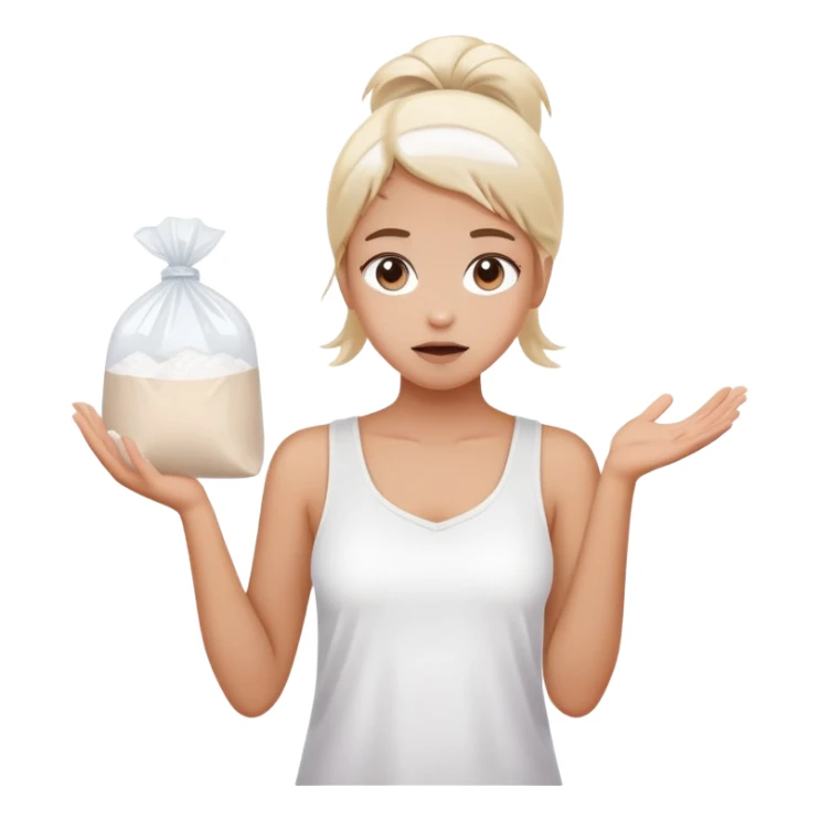 Girl shrugging holding a clear plastic bag with white powder sticker