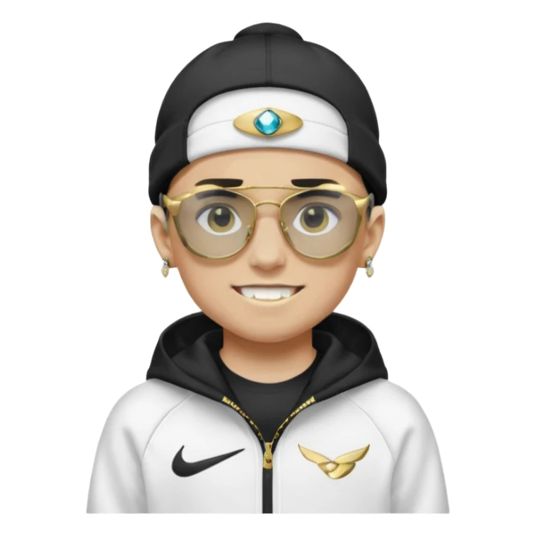 un emoji de un chico emcapuchado blanco, con gorro kalenji, dientes de oro, com uma chaqueta negra nike tech y unas gafas de oakley, con pendientes de diamante  sticker