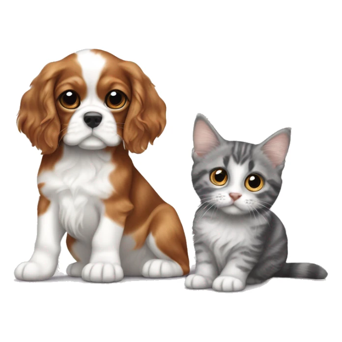 Cavalier King Charles Spaniel puppy sits next to a British gray tabby cat sticker