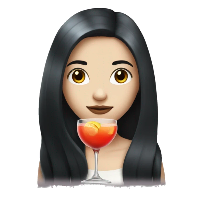 Pale girl with long black hair with chest holding cocktail sticker