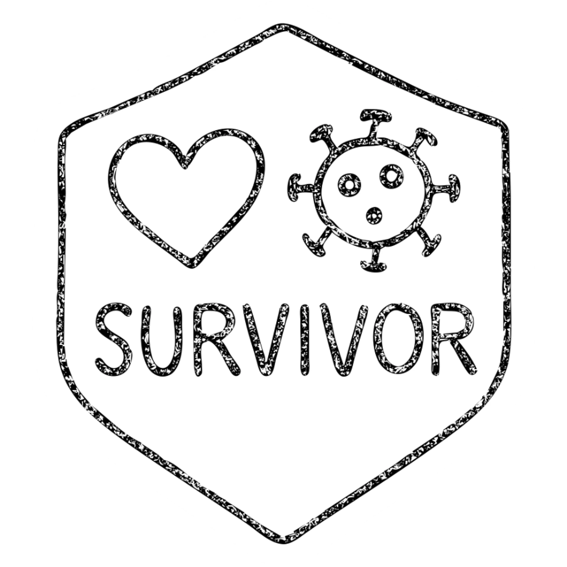 hand-drawn outlined badge with a heart and virus, text 'Survivor' sticker