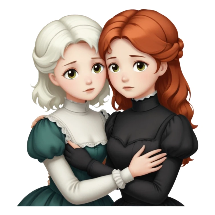 Two Victorian women with light eyes, one with bright pure white coiffed hair and one with dark copper coiffed hair, wearing Victorian turtleneck dresses, embracing each other in a sad, intimate hug sticker