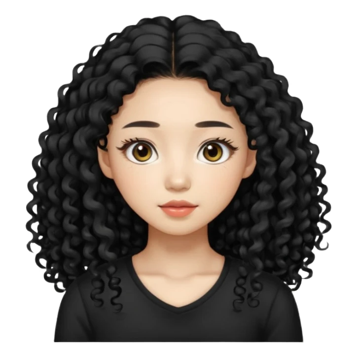 Korean woman with black cute long curly hair  with a black top with long lashes sticker