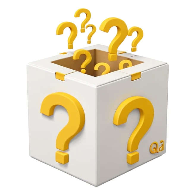 white cube shaped box printed with "q&a" over stuffed with yellow question marks sticker