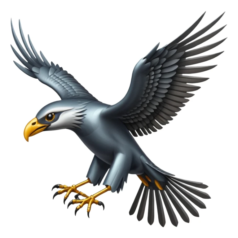 Emoji-style icon of a large metallic predatory bird flying, sharp wings, steel texture, dramatic pose, no gold sticker