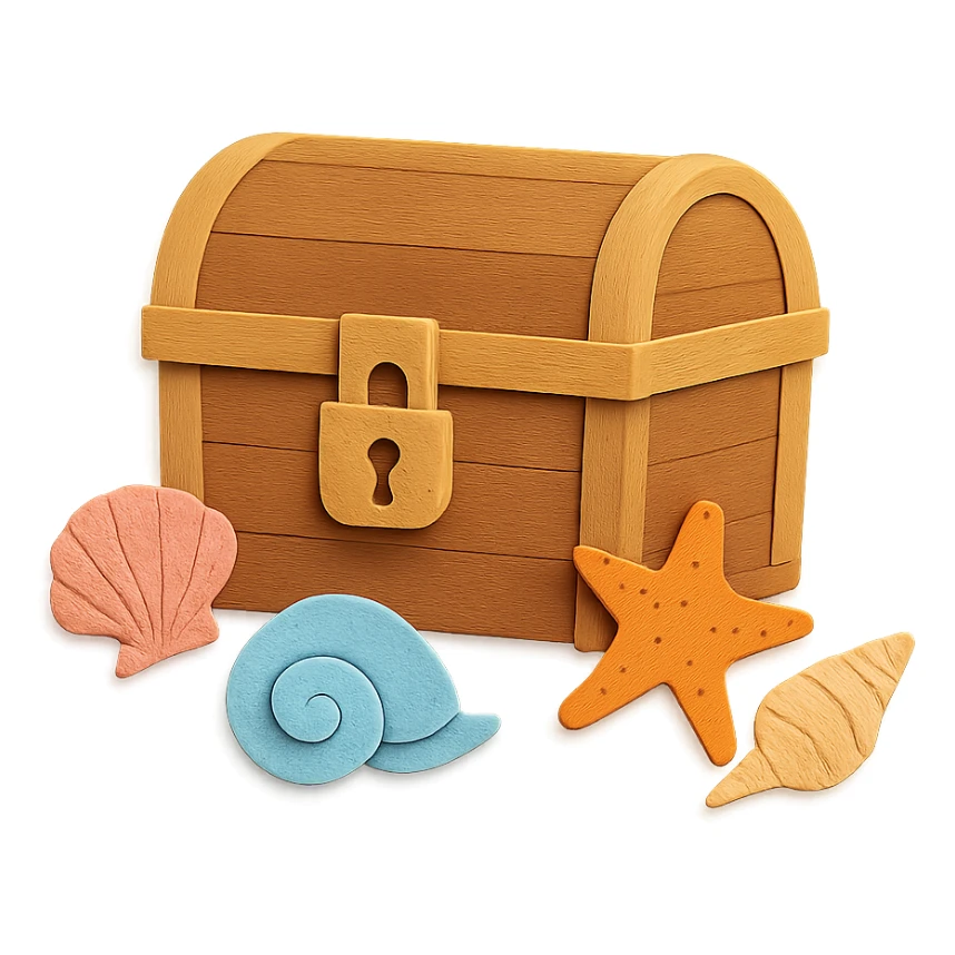 closed treasure chest with a lock, surrounded by seashells and starfish in paper-craft style sticker