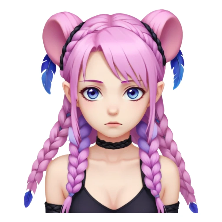 Gorgeous anime lady long-pale-pastel-pink-hair with one braid on each side, grumpy expression, purple-pink feather-ear-cuffs in hair, black bodysuit, blue eyes, pink iris, ethereal, fantasy, sticker