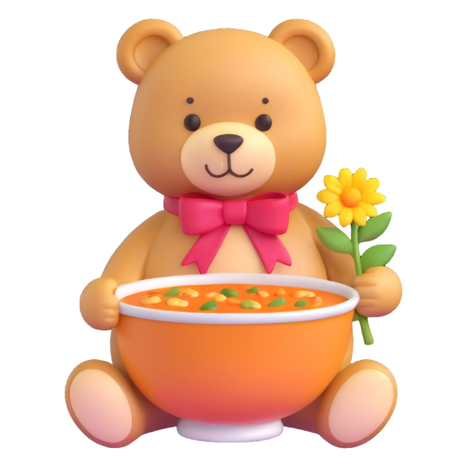 teddy bear with soup and flower sticker