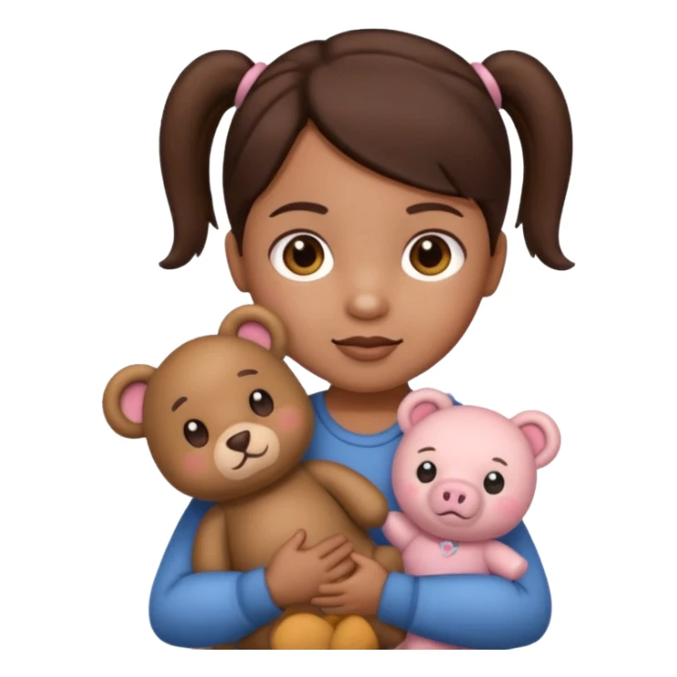 Toddler emoji with two pigtails dark brown hair holding stuff sticker