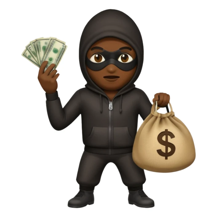robber emoji, Google style, masked figure tiptoeing with money bag sticker
