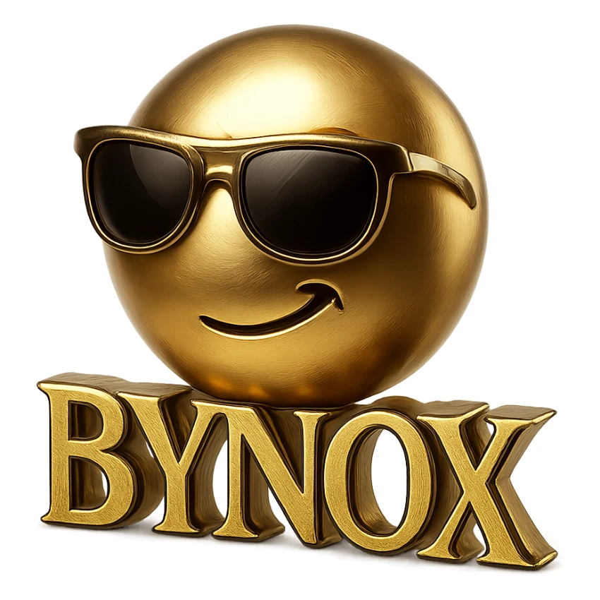gold and black luxury emoji with 'BYNOX' text, shiny metallic, elegant, premium, 3D effect, minimal, powerful, stylish font, no background sticker