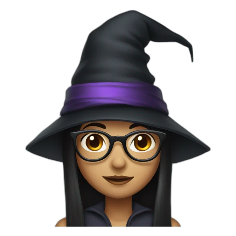 girl with straight long black hair, glasses and witch hat sticker