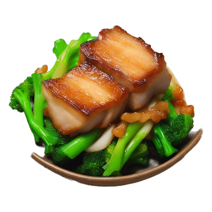 Stir fried Crispy pork belly on oyster sauce with green vegetable sticker